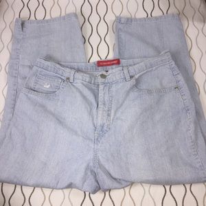 Gloria Vanderbilt high waisted blue striped pants.